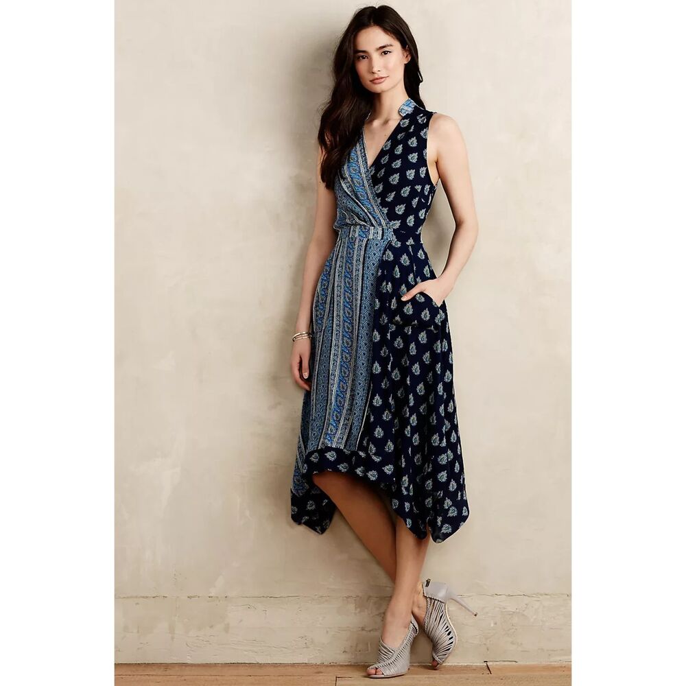 Anthropologie Maeve Eclipsed faux Wrap Dress blue paisley size 6